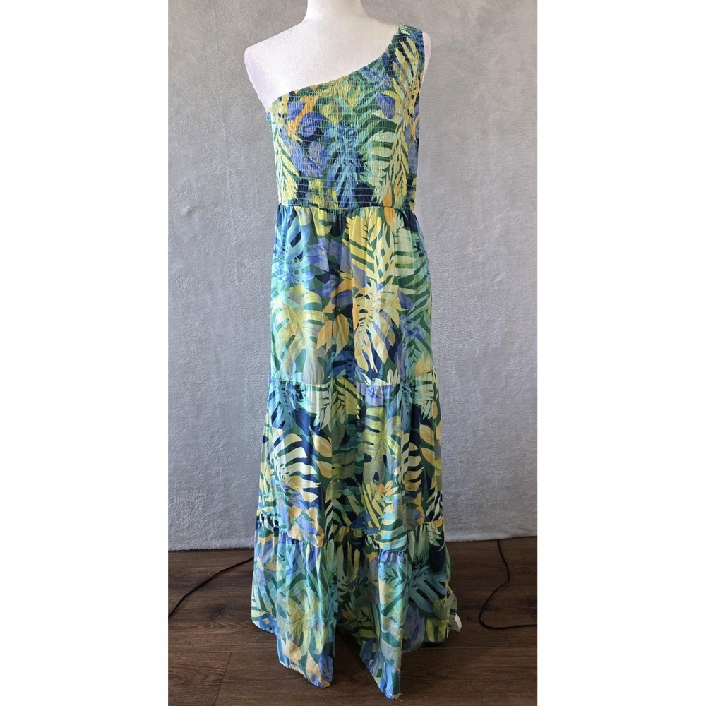 EUC Time And Tru Dress Womens Large Multicolor Tropical One Shoulder Maxi Tiered